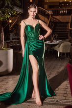 CD KV1125 - Stretch Satin Fit & Flare Prom Gown with Sheer Beaded Floral Bodice Leg Slit & Side Sash PROM GOWN Cinderella Divine 0 Emerald