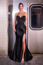 CD KV1132 - Stretch Satin Fit & Flare with Sheer Beaded Appliqued Bodice & Leg Slit - Diggz Formals
