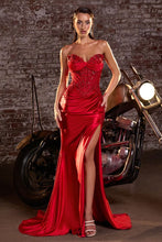 CD KV1132 - Stretch Satin Fit & Flare with Sheer Beaded Appliqued Bodice & Leg Slit - Diggz Formals