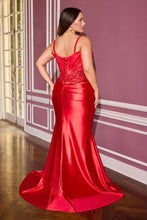 CD KV1132C - Plus Size Stretch Satin Fit & Flare with Sheer Beaded Appliqued Bodice & Leg Slit - Diggz Formals