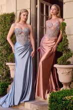 CD KV1135 - Stretch Satin Fit & Flare Prom Gown with Bead Embellished Cut Out Bodice Open Lace Up Back & Train
