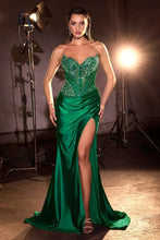 CD KV1136 - Strapless Satin Fit & Flare Prom Gown with Beaded Lace Appliqued Bodice & Leg Slit PROM GOWN Cinderella Divine 0 Emerald