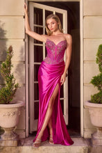 CD KV1136 - Strapless Satin Fit & Flare Prom Gown with Beaded Lace Appliqued Bodice & Leg Slit PROM GOWN Cinderella Divine 0 Fuchsia