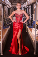 CD KV1136 - Strapless Satin Fit & Flare Prom Gown with Beaded Lace Appliqued Bodice & Leg Slit PROM GOWN Cinderella Divine 0 Red