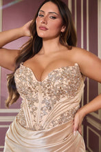 CD KV1136C- Plus Size Strapless Satin Fit & Flare Prom Gown with Beaded Lace Appliqued Bodice  & Leg Slit