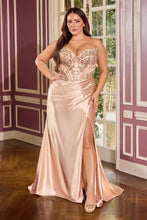 CD KV1136C- Plus Size Strapless Satin Fit & Flare Prom Gown with Beaded Lace Appliqued Bodice  & Leg Slit