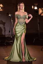 CD KV1140 - Off the Shoulder Stretch Satin Fit & Flare Prom Gown with Beaded Lace Appliqued Bodice & Leg Slit PROM GOWN Cinderella Divine 2 Greenery