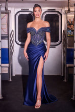CD KV1140 - Off the Shoulder Stretch Satin Fit & Flare Prom Gown with Beaded Lace Appliqued Bodice & Leg Slit PROM GOWN Cinderella Divine 2 Navy