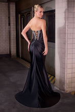 CD KV1142 - Strapless Stretch Satin Fit & Flare Prom Gown with Crystal Embellished Bodice & Leg Slit & Open Lace Up Back - Diggz Formals