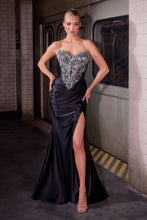 CD KV1142 - Strapless Stretch Satin Fit & Flare Prom Gown with Crystal Embellished Bodice & Leg Slit & Open Lace Up Back - Diggz Formals