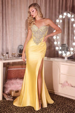 CD KV1142 - Strapless Stretch Satin Fit & Flare Prom Gown with Crystal Embellished Bodice & Leg Slit & Open Lace Up Back - Diggz Formals