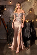 CD KV1144 - Removeable Off the Shoulder Stretch Satin Fit & Flare Prom Gown with Sheer Beaded Corset Bodice & Leg Slit PROM GOWN Cinderella Divine 2 Mocha Gold