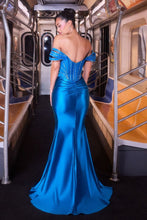 CD KV1144 - Removeable Off the Shoulder Stretch Satin Fit & Flare Prom Gown with Sheer Beaded Corset Bodice & Leg Slit PROM GOWN Cinderella Divine