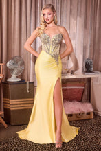 CD KV1144 - Removeable Off the Shoulder Stretch Satin Fit & Flare Prom Gown with Sheer Beaded Corset Bodice & Leg Slit PROM GOWN Cinderella Divine 2 Yellow