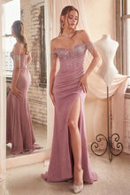CD OC020 - Shimmering Stretch Satin Fit & Flare Prom Gown with Bead Embellished Bonded Corset Bodice Lace Up Corset Back & Leg Slit PROM GOWN Cinderella Divine 2 DUSTY ROSE 