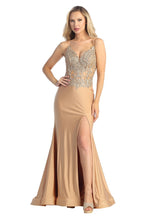LF 7761 - Stretch Satin Fit & Flare Prom Gown with Sheer Bead & Lace Embellished Bodice & Leg Slit PROM GOWN Let's Fashion XS GOLD 