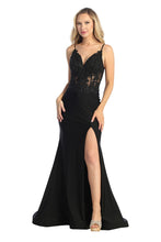 LF 7761 - Stretch Satin Fit & Flare Prom Gown with Sheer Bead & Lace Embellished Bodice & Leg Slit PROM GOWN Let's Fashion XS BLACK 
