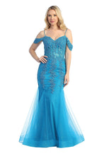 LF 7575 - Beaded Lace Embellished Fit & Flare Prom Gown with Sheer Corset Bodice & Tulle Skirt PROM GOWN Let's Fashion XS TEAL 