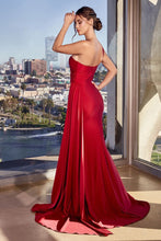 CD PT004 - One Shoulder Stretch Satin Fit & Flare Formal Gown with Gathered Waist Side Sash PROM GOWN Cinderella Divine   