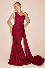 CD PT004 - One Shoulder Stretch Satin Fit & Flare Formal Gown with Gathered Waist & Side Sash PROM GOWN Cinderella Divine