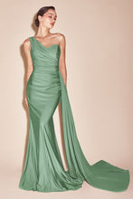 CD PT004C - Plus Size One Shoulder Stretch Satin Fit & Flare Formal Gown with Gathered Waist & Side Sash PROM GOWN Cinderella Divine 18 DARK SAGE