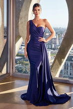 CD PT004 - One Shoulder Stretch Satin Fit & Flare Formal Gown with Gathered Waist Side Sash PROM GOWN Cinderella Divine 4 NAVY 