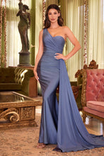 CD PT004 - One Shoulder Stretch Satin Fit & Flare Formal Gown with Gathered Waist Side Sash PROM GOWN Cinderella Divine 4 SMOKY BLUE 