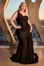 CD PT004C - Plus Size One Shoulder Stretch Satin Fit & Flare Formal Gown with Gathered Waist & Side Sash PROM GOWN Cinderella Divine 18 BLACK