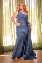CD PT004C - Plus Size One Shoulder Stretch Satin Fit & Flare Formal Gown with Gathered Waist & Side Sash PROM GOWN Cinderella Divine 18 SMOKY BLUE