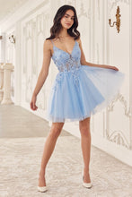 CD SF047 - Glitter Tulle A-Line Homecoming Dress with Sheer Beaded Lace V-Neck Corset Bodice Homecoming Cinderella Divine XXS LIGHT BLUE 