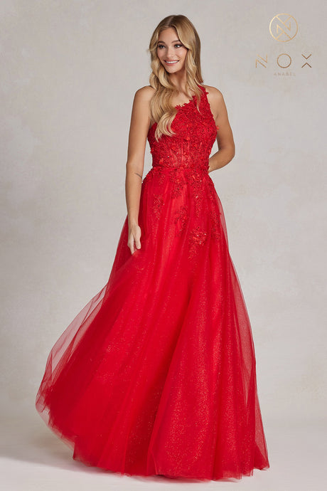 N T1143 - One Shoulder A-Line Prom Gown with Sheer Beaded Lace Bodice Strappy Back & Shimmer Tulle Skirt PROM GOWN Nox   