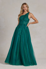 N T1143 - One Shoulder A-Line Prom Gown with Sheer Beaded Lace Bodice Strappy Back & Shimmer Tulle Skirt PROM GOWN Nox 14 EMERALD 
