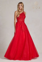N T1143 - One Shoulder A-Line Prom Gown with Sheer Beaded Lace Bodice Strappy Back & Shimmer Tulle Skirt PROM GOWN Nox 00 RED 