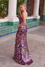 N T1511 - Iridescent Floral Patterned Sequin Fit & Flare Prom Gown with Plunging V-Neck Leg Slit & Open Lace Up Back