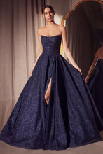 CD T701 - Strapless Shimmery A-Line Prom Gown with Gathered Scoop Neck Bodice Lace Up Corset Back & Leg Slit PROM GOWN Cinderella Divine XXS Navy