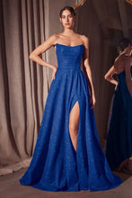 CD T701 - Strapless Shimmery A-Line Prom Gown with Gathered Scoop Neck Bodice Lace Up Corset Back & Leg Slit PROM GOWN Cinderella Divine XXS Royal Blue