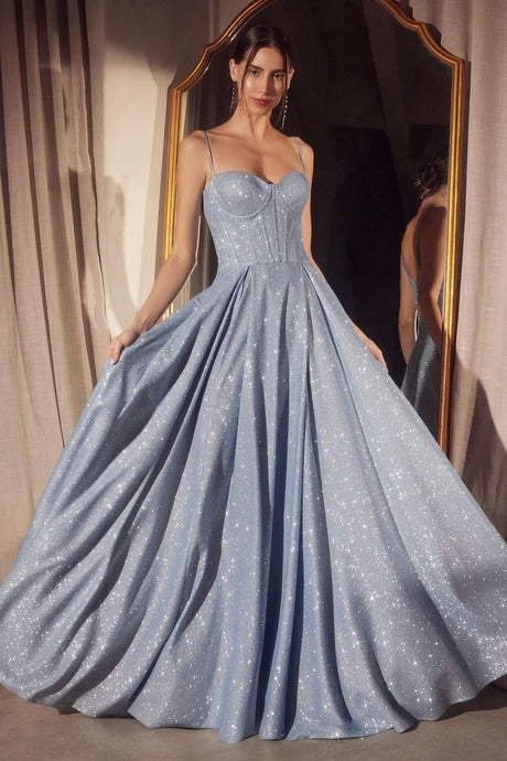 CD T706 - Shimmering Glitter A-Line Prom Gown with Structured Sweetheart Bodice & Lace Up Corset Back PROM GOWN Cinderella Divine XXS light blue