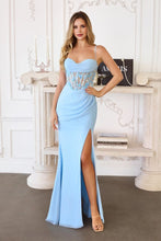 CD T722 - Chiffon Fit & flare Formal Gown with Sheer 3D Appliqued Cowl Neck Corset Bodice Leg Slit & Lace Up Back PROM GOWN Cinderella Divine