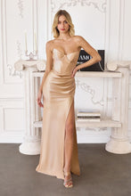 CD T723 - Strapless Stretch Satin Fit & Flare Formal Gown with V-Neck Leg Slit & Open Lace Up Back PROM GOWN Cinderella Divine