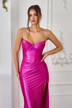 CD T723 - Strapless Stretch Satin Fit & Flare Formal Gown with V-Neck Leg Slit & Open Lace Up Back PROM GOWN Cinderella Divine