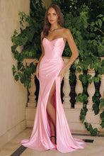 CD T723 - Strapless Stretch Satin Fit & Flare Formal Gown with V-Neck Leg Slit & Open Lace Up Back PROM GOWN Cinderella Divine XXS Pink