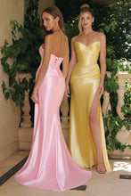 CD T723 - Strapless Stretch Satin Fit & Flare Formal Gown with V-Neck Leg Slit & Open Lace Up Back PROM GOWN Cinderella Divine XXS Light Yellow