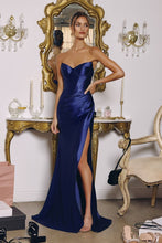 CD T723 - Strapless Stretch Satin Fit & Flare Formal Gown with V-Neck Leg Slit & Open Lace Up Back PROM GOWN Cinderella Divine XXS Navy