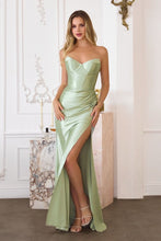 CD T723 - Strapless Stretch Satin Fit & Flare Formal Gown with V-Neck Leg Slit & Open Lace Up Back PROM GOWN Cinderella Divine XXS Sage