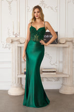 CD T819 - Satin Fit & Flare Prom Gown with Embellished Sheer Boned Bodice & Open Lace Up Back - Diggz Formals