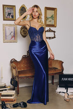 CD T819 - Satin Fit & Flare Prom Gown with Embellished Sheer Boned Bodice & Open Lace Up Back - Diggz Formals