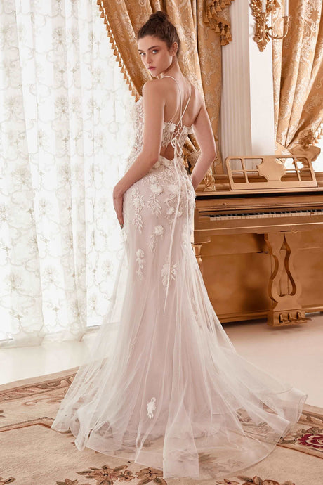 CD WN310 - Fitted Mermaid Wedding Gown with 3D Floral Applique Sheer Boat Neck & Open Lace Up Keyhole Back Wedding Gown Cinderella Divine   