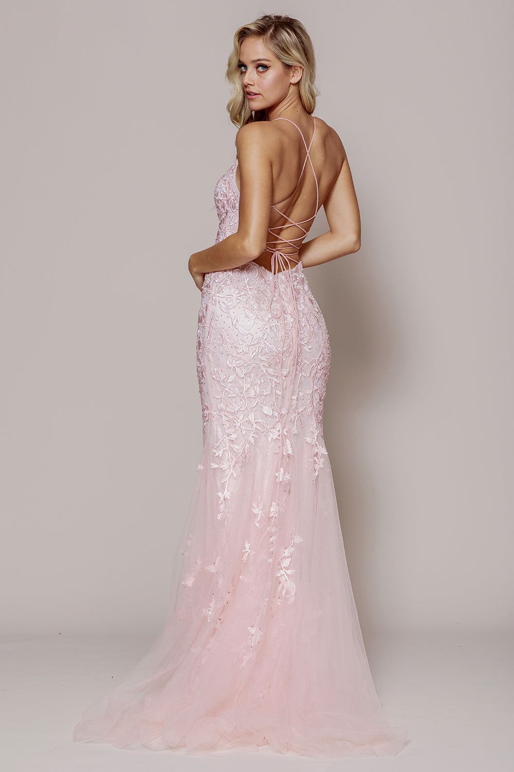 AC 799 - Floral Lace Applique Over Tulle Fit & Flare Prom Gown