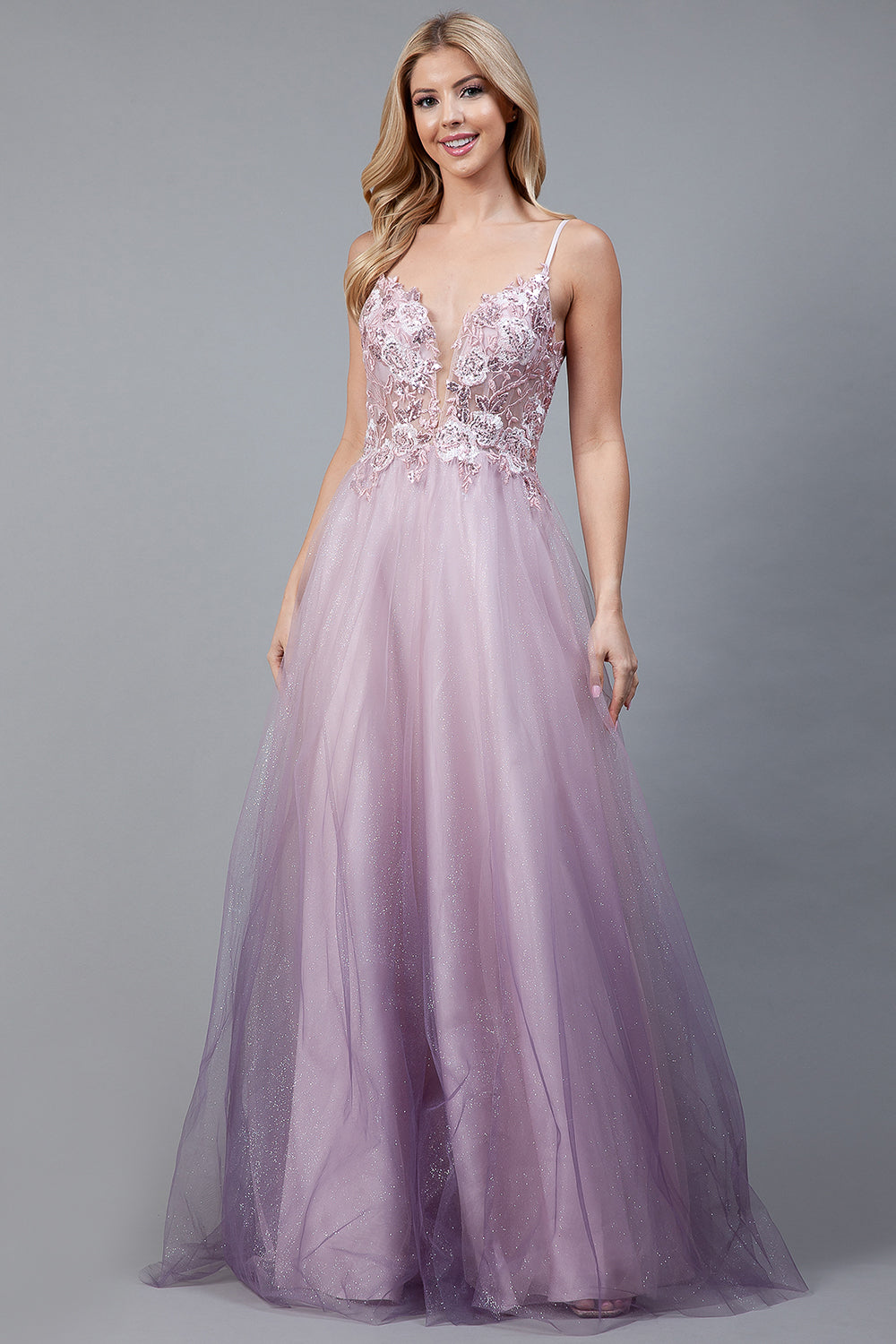 AC 5040 - A-Line Layered Satin Tulle with Floral Embroidered Sheer Bodice Prom Dress Amelia Couture 2 ROSE 