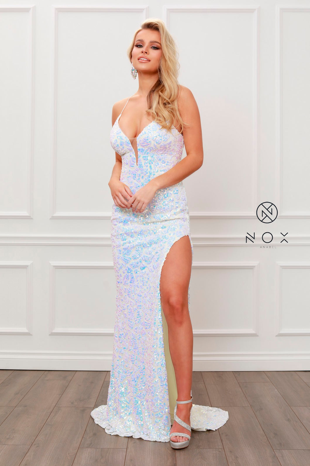 N S458 - Iridescent Sequin Fit & Flare Prom Gown with Plunging V-Neck Open Lace Up Corset Back & High Leg Slit Prom Dress Nox 2 WHITE 